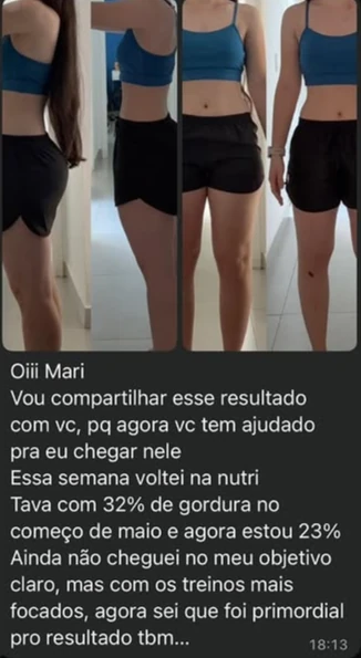 Print de conversa: aluna saiu de 32% para 23% de gordura entre maio e a data da mensagem