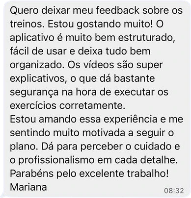 Print de conversa: aluna elogia a estrutura do aplicativo e os vídeos explicativos dos exercícios